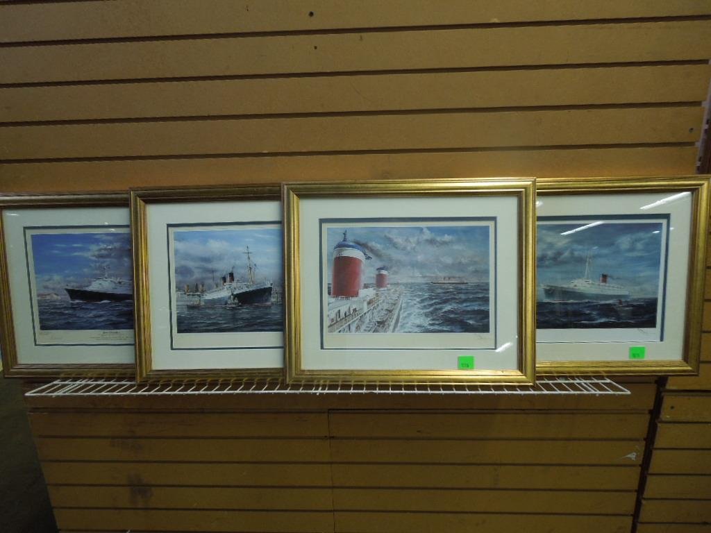 Set of 4 Artist Signed Ship Prints: Set of 4 artist signed ship prints by Robert G Lloyd, 2002 including; SS United States passing Mauretania II LE 86/150, Caronia LE 46/150, Mauretania II LE 9/150 and QE2 LE 332/547 (also pencil signed