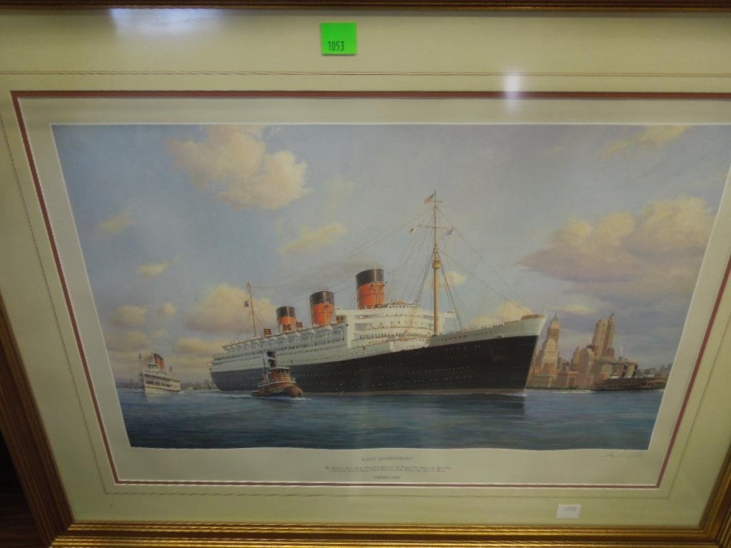 1991 Framed Retro Queen Mary Print by Card: 1991 Framed Retro Queen Mary Print by Stephen J. Card "Outbound From NY 1938, Upper Bay" Signed in pencil on lower right, double matted and framed. 28 3/4" x 37 1/2" Condition: Minor wear to frame, pr