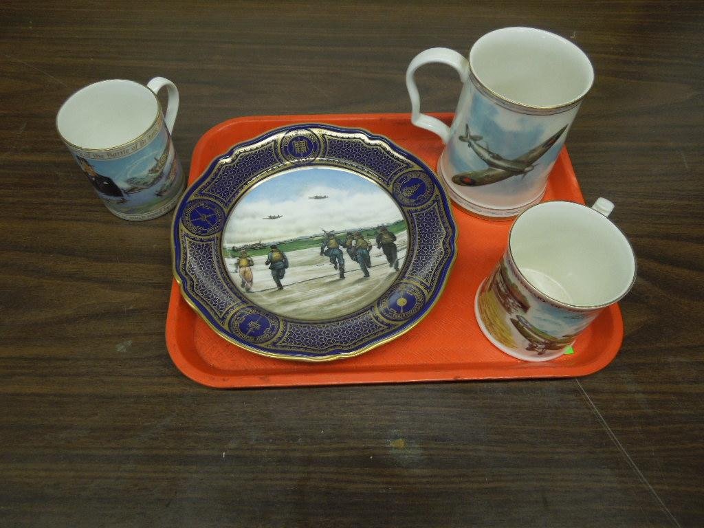 Porcelain Plate & 3 Cups, R.A.F.: Porcelain plate & three cups, R.A.F.; plate Anniv of battle of Britain by Spode LE 1063/5000, 3 cups - one 75th Anniv R.A.F. by Ansley, one Anniv battle of Brittania by Royal Worcester & one tankard-R