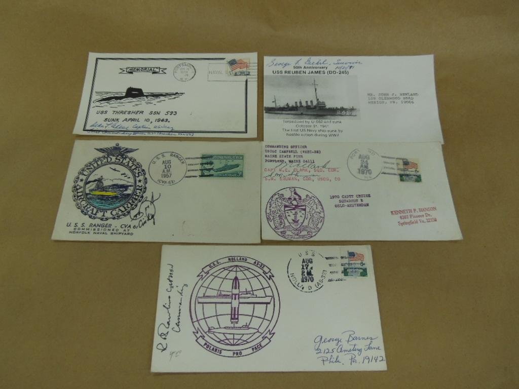 5 US Warship 1st Day Covers & Envelopes: Five US Warships 1st Day Covers & envelope (signed), including; Ranger-CVA 61 (8-10-57), Thresher SSN 593 (4-10-64), Holland AS-32 (8-17-70) &Reuben James DD-245 (10-31-91). CONDITION: Minor wear from