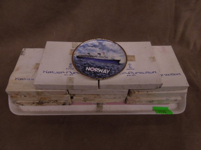 12 Kaiser Porcelain Trinket Dishes: 12 Kaiser porcelain trinket dishes, #701 /1, S.s. Norway, in original boxes (missing one box), gold rim, 4" diam. CONDITION: Boxes are stained & worn, trinket dishes all good.