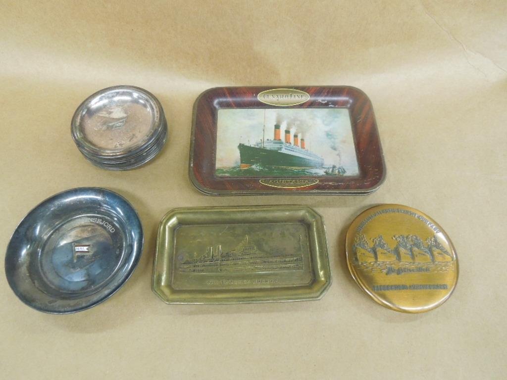 Cruise Ship Coasters and Trays: Cruise Ship Coasters and Trays including; bras tray - Hedrick Hudson, (8) 3" American Export Lines (from Reed & Barton) silver plate trays, (2) Cunard Line trays, MAT Line disc (Minnesota Atlantic Tra