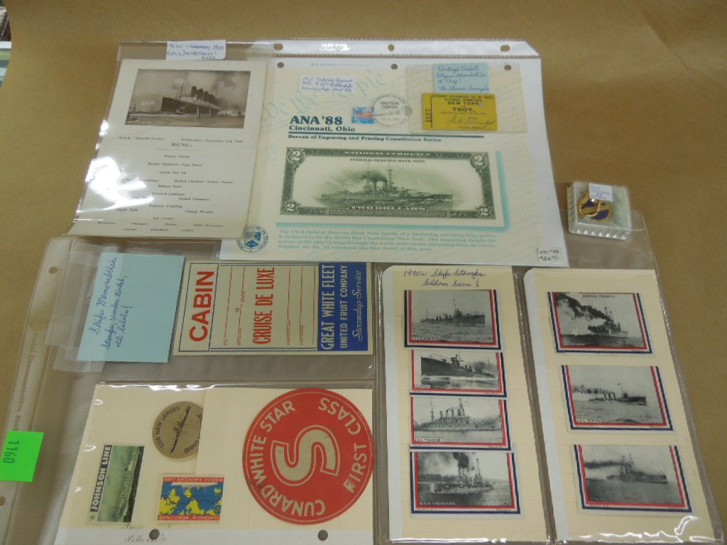 Lot of Cruise Ship & Other Items: Lot of Cruise Ship & Other Items including; 1988 souvenir page of 1918 Federal Reserve Bank note, ticket - Citizens Steamship Co. of Troy, Cunard, 1st Class luggage sticker, 1930's ship stamps, blank 