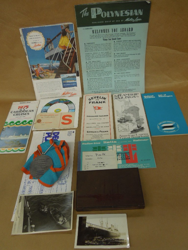 Lot cruise ship ephemera: Lot cruise ship ephemera including: The Polynesian Mag, magazine advertisements, deck plan 1930s cruise pamphlets, 1970s passengers list & cruise pamphlet, weather forecast card, luggage tag, two phot