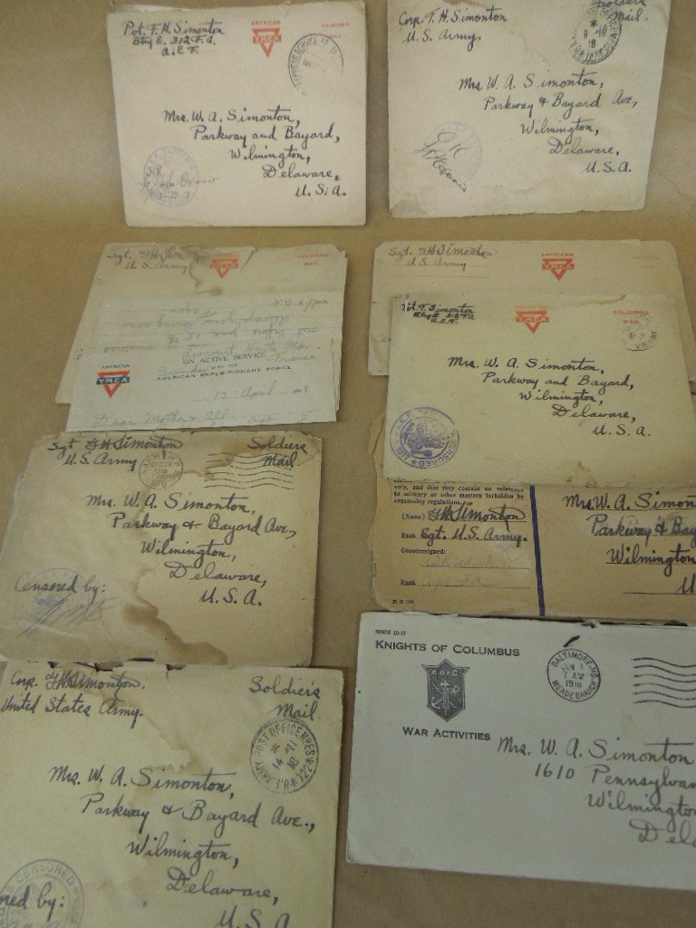 Lot WW I soldiers letters w/ envelopes: Lot WW I soldiers letters w/ envelopes, most with censor stamps on envelopes and most on American YMCA stationaryCondition; worn from age and handling, some envelopes and letters in pieces