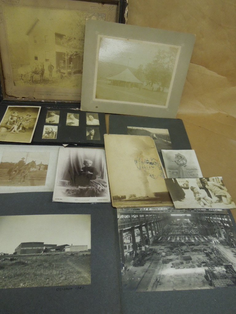 Lot early photos - people & buildings: Lot early photos - people & buildings including; loose album pages - Train Factory, carousel photo, old Allentown home (framed), beach photos, family photosCondition; some wear from age and handling, 
