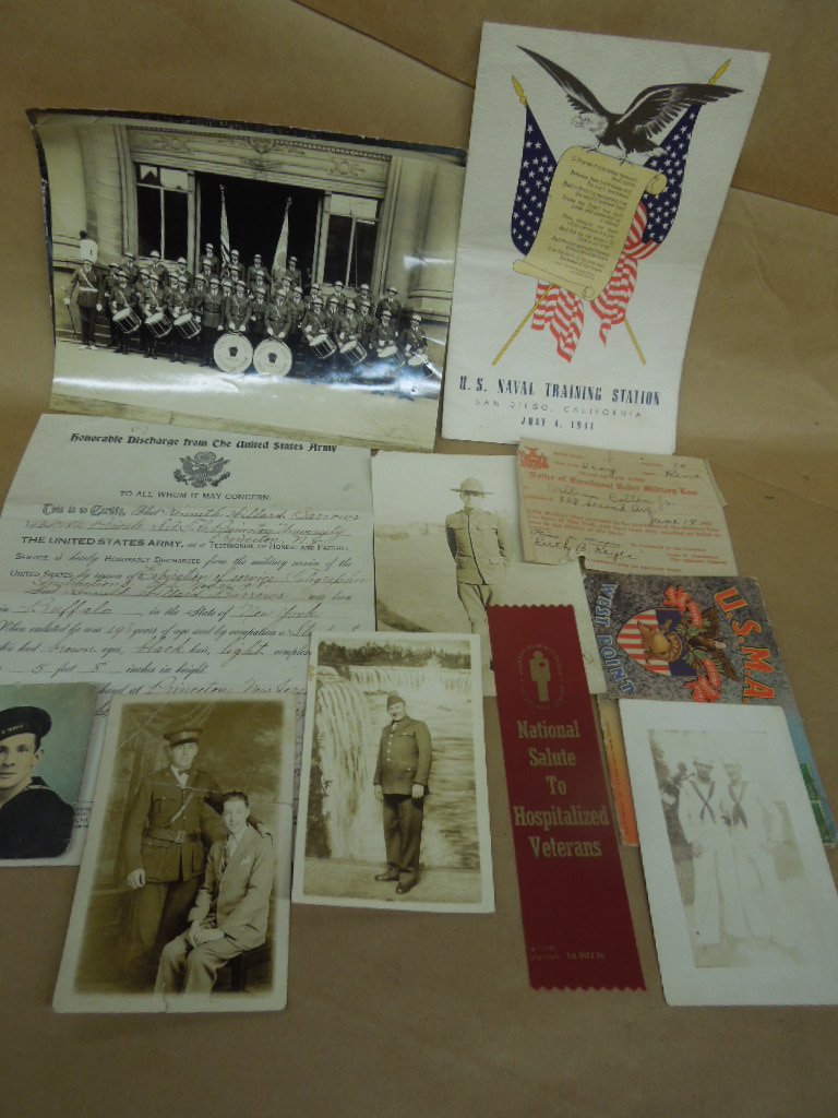 Vintage military certificates & photos: Vintage military certificates & photos including; Honorable discharge (1918), Army and Navy men photos, American Legion group photo, Ribbon - salute to hospitalized vets, Enrollment certificate (New Y