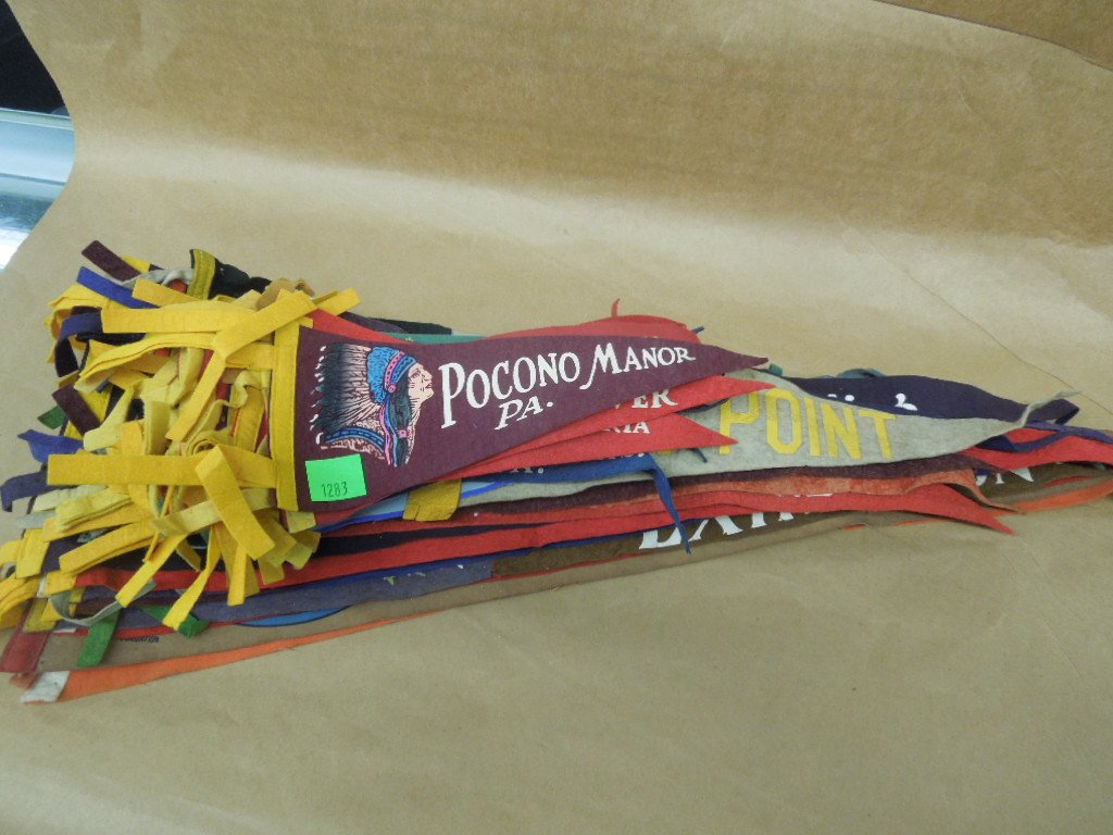 44 Souvenir pennants, Penna. & other: 44 Souvenir pennants, Penna. & other including; (23) small, 11 1/2", Pennsylvania & other with (3) that have date inserts ( 2, 1954 + 1, 1961), plus (9) medium (16" to 21") and (12) large (26" to 31")