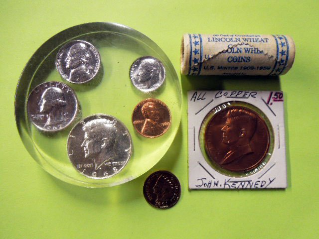 Misc. Coins: Miscellaneous coins: (1) Kenned 1961 copper inauguration medal. (2) Gold plated 1901 Indian head penny. (3) Roll 30 circulated wheat cents in organic International Home Shopping Center-Sweepstake winn