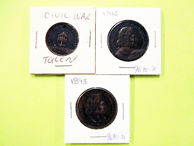 2 Columbian Expo Coins & Civic UNC Token: Two World Columbian Exposition half dollar coins, one 1892 & one 1893, plus one White Bros & Co., Boston USA Civil War era, good luck token (has chain mounting hole at top of coin), all in cardboard s