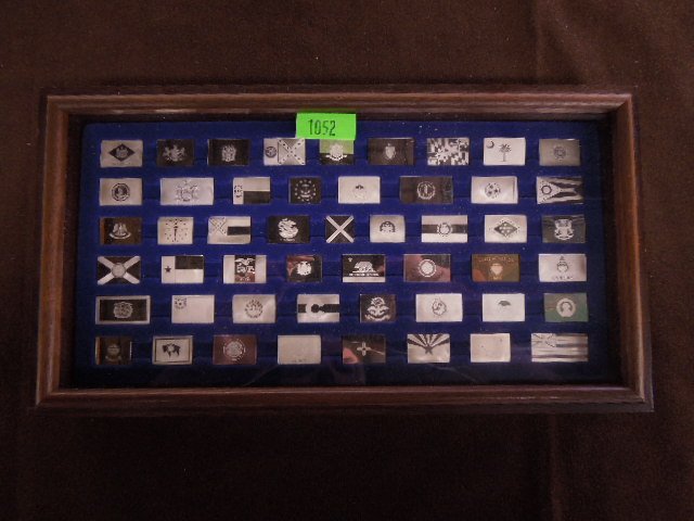 Set sterling mini flags 50 states.: Set 50 bicentennial sterling mini flags of The States in order of entrance to the Union from Delaware to Hawaii aprox .15ozt each (aprox 7.5 ozt total) with mini sheet 13cents stamps (flags of US) and