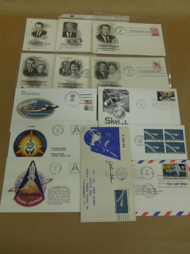 13 US 1st Day Covers: 13 US 1st Day Covers including; (2) Reagan, (2) Carter and (2) Nixon Inauguration Day, plus (7) Space including 1962 John Glenn (orbits the world)NOTE; we do guarantee the authenticity of any signatur