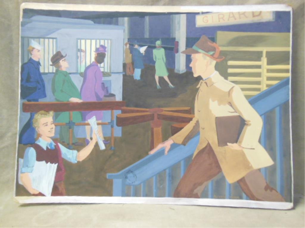 Broad St. Subway, Phila., Gouache: Girard Station: Alfreda Frejnik, gouache on board, Girard Avenue Station, Philadelphia, Mid-20th c. [Unframed]. CONDITION: Very minor losses to paint surface in upper left corner.