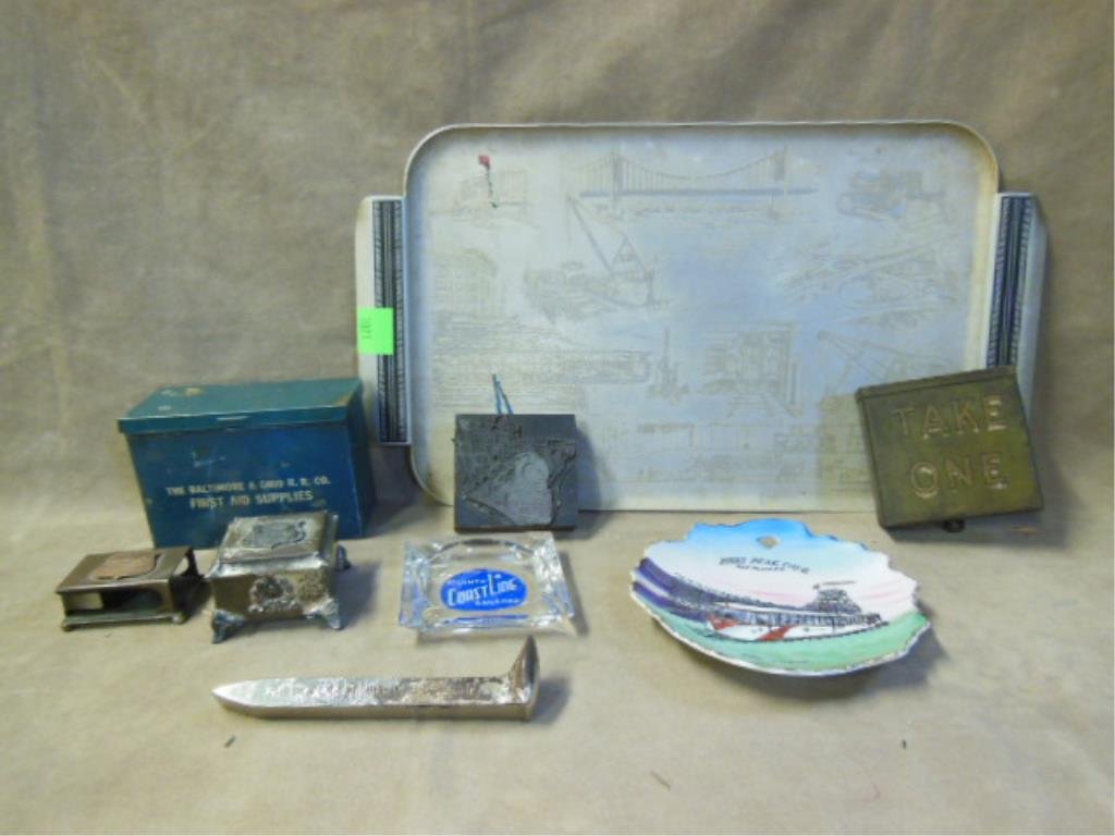 Vintage Railroad memorabilia: [8 pcs] Assorted vintage railroad memorabilia: First Aid box; timetable holder; ashtray; scenic plate, etc: Baltimore and Ohio; Pike's Peak Cog R.R.; Horseshoe Curve; Atlantic Coast Line, et al., earl
