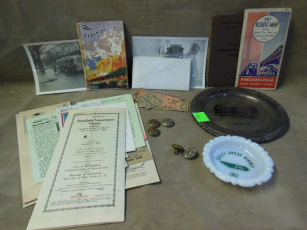 Vintage Phila. Rapid Transit (PRT) ephemera: Lot of vintage Philadelphia Rapid Transit items. Includes: maps, tickets, buttons, & others. CONDITION: Used, wear from age.