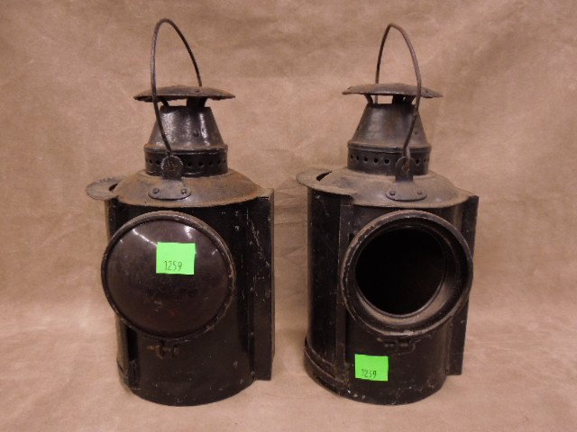 Pair of Vintage Railroad Train Order Lanterns: Pair of vintage railroad train order lanterns. Made by: Adlake. CONDITION: Paint loss, minor dents & surface rust. No burners, one missing lens.