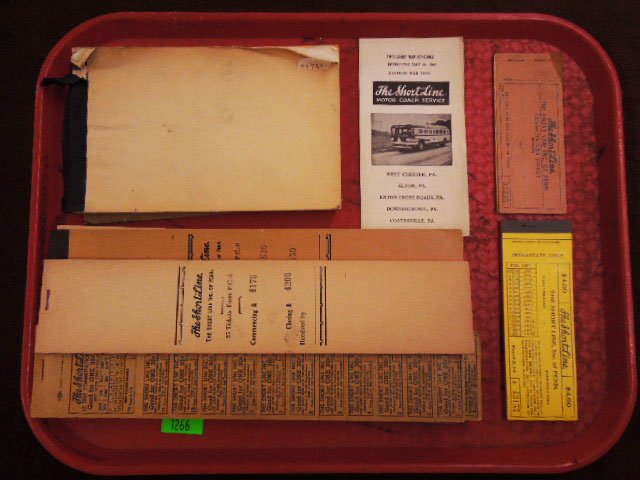 Lot of Short Line Items: Lot of Short Line items, The Short Line Motor Coach Service, West Chester including; (5) unused ticket books, (1) shippers book, (2) small ticket books & (1) schedule pamphlet (emergency war schedule)