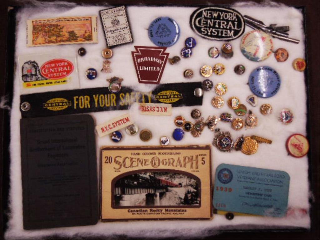 Vintage RR Lapel Buttons; etc.: [Approx. 35] Vintage American railroad fraternal and service lapel buttons; together with employee patches; New York Central pocket mirror; Canadian Pacific Railway "Sceneograph" cards, and other rail