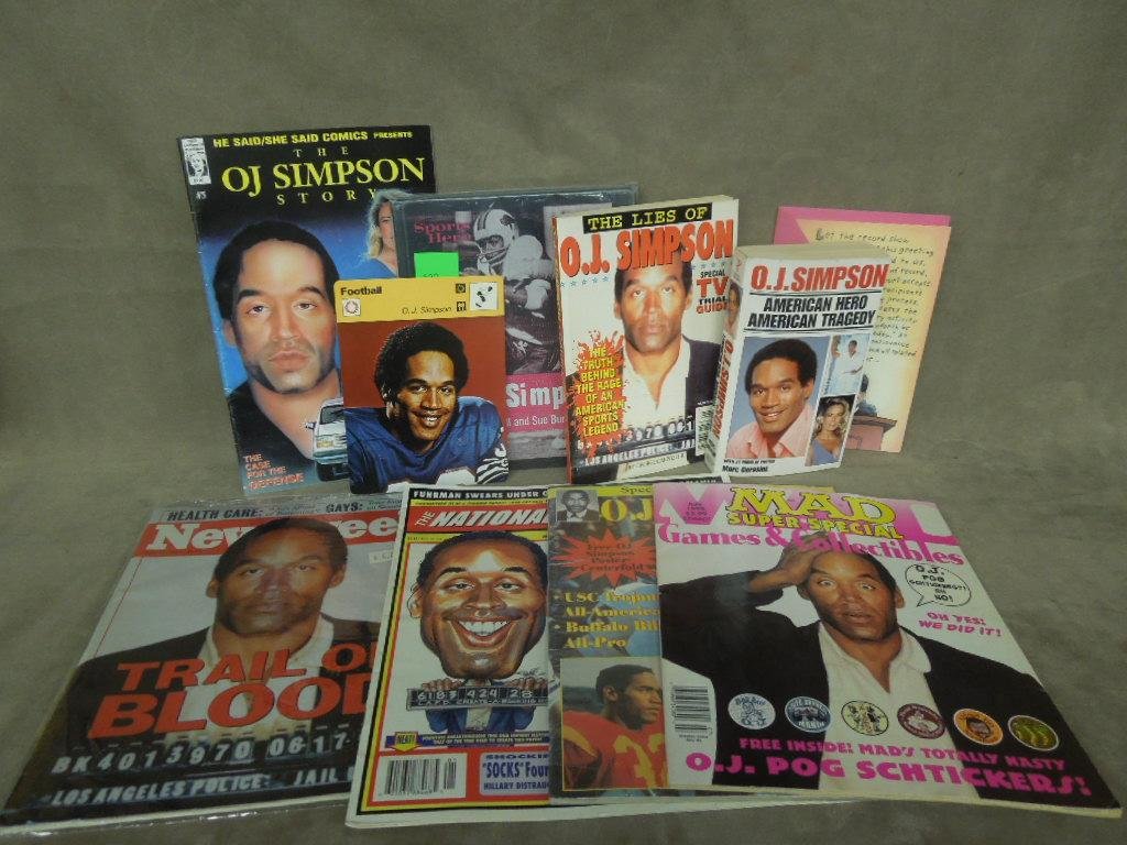OJ Simpson Book, Mag & Watch: O.J. Simpson book, may & watch, including: seven soft & hard cover books & magazines, with Simpson wrist watch. CONDITION: Some wear especially to edges & corners of magazines & books.