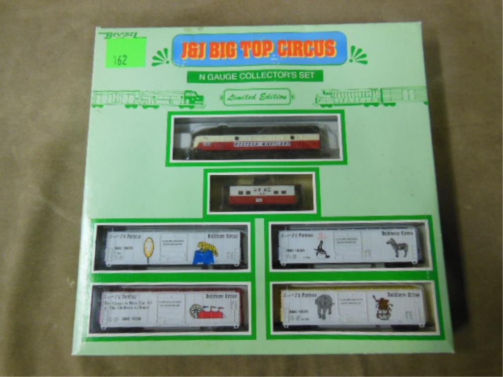 "N" Gauge Train Set: "J & J Big Top Circus" old store stock "N" gauge train set [limited edition], original box. CONDITION: Minor wear from age.