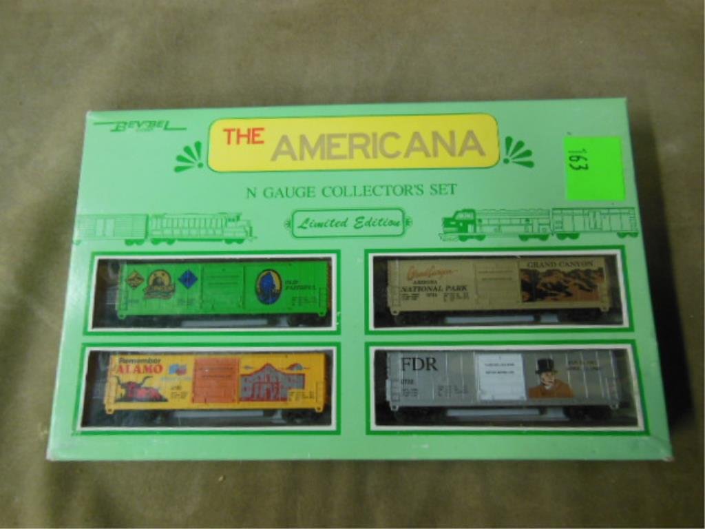 "N" Gauge Train Set: "The American" old store stock "N" gauge train set [limited edition], original box. CONDITION: Minor wear form age.