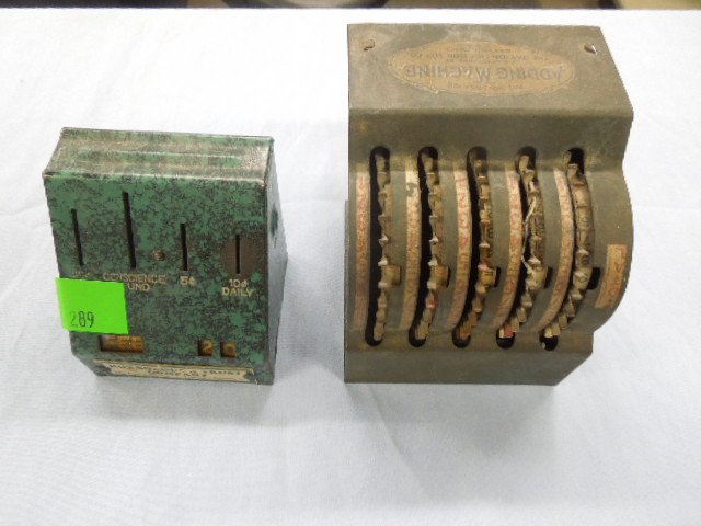 Coin Bank & Adding Machine: Coin bank & adding machine, child's adding machine, mfg by The Dayton Friction Toy Co., pat no. 1,663,726 & Roxborough Trust Co. coin slot bank (no key). CONDITION: Some wear, right number wheel tight