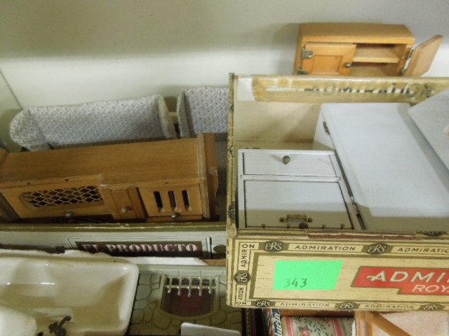 Assorted Doll Furniture & Accessories: Assorted doll furniture & accessories; cabinets, dressers, table & chairs; sofa, bed & more, with doll house construction book. CONDITION: Some wear from age.