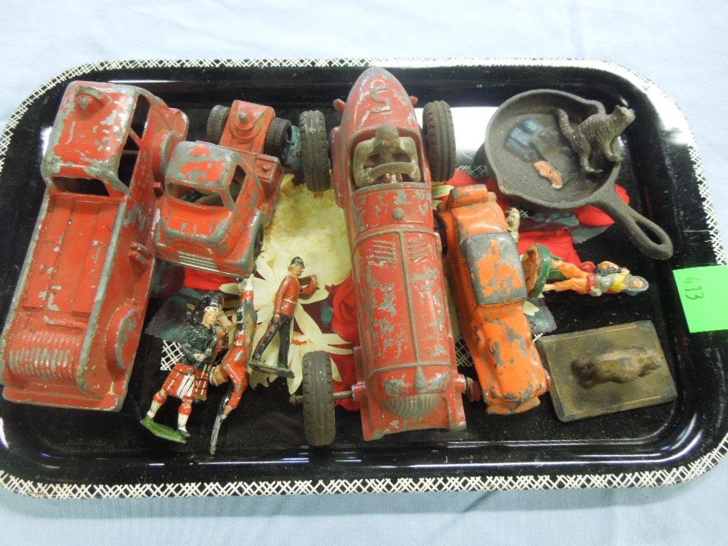 Tin Cars & Lead Figures: Tin cars & lead figures, fire truck, truck & race car (missing wheel) with three lead soldier figures. CONDITION: Wear to all pieces, paint loss.