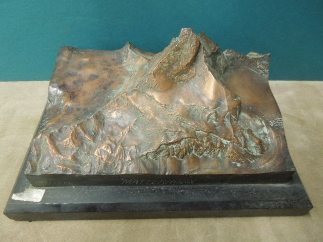 Grand Tour Bronze scale model of Matterhorn: Grand tour bronze, scale model of the Matterhorn with height in meters and scale indicated, sculpture: "X infeld, Kunstanstalt Geislingen - St." bronze stamped "Verlag Gebruder Scholl/Zurich" black sl