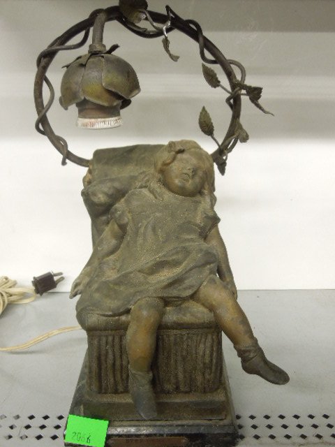 Bronzed Speltered Figural Night Light: Bronzed Speltered Figural Night Light, sleeping girl on chair, floral accent ring with flower petal form light socked holder, on marble base "Bebe Dort!" by Par A Rousand. CONDITION: Some wear from ag