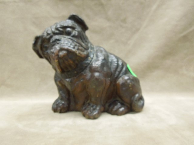 Vintage Cast Iron Dog Doorstop: Vintage cast iron dog doorstop, English Bulldog, hand painted, black no marking, 5 1/2"w x 3/4"H. CONDITION: Some minor paint loss.