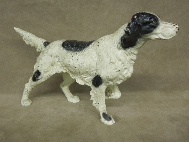 Vintage Cast Iron Dog Doorstop: Vintage cast iron dog doorstop, long haired pointer, hand painted, no markings 15"L x 9"H. CONDITION: Some paint loss.