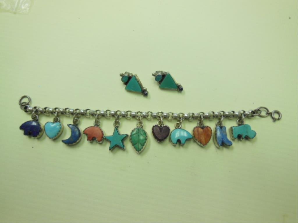 .925 Stone Fetish Bracelet & Earrings: .925 stone fetish bracelet & earrings, sterling interlocking links with eleven asst. hard stones mounted in sterling chaised bear, heart, moon, star & other shapes. 7 1/2" length, sterling earrings wi