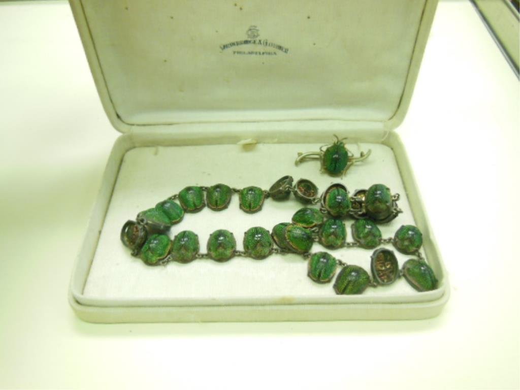 Victorian Scarab Necklace & Pin: Victorian scarab necklace & pin, possibly silver chain & pin front, genuine scarabs. 16" necklace, 1 1/2" across pin. Beetles excellent condition. CONDITION: Very good vintage.