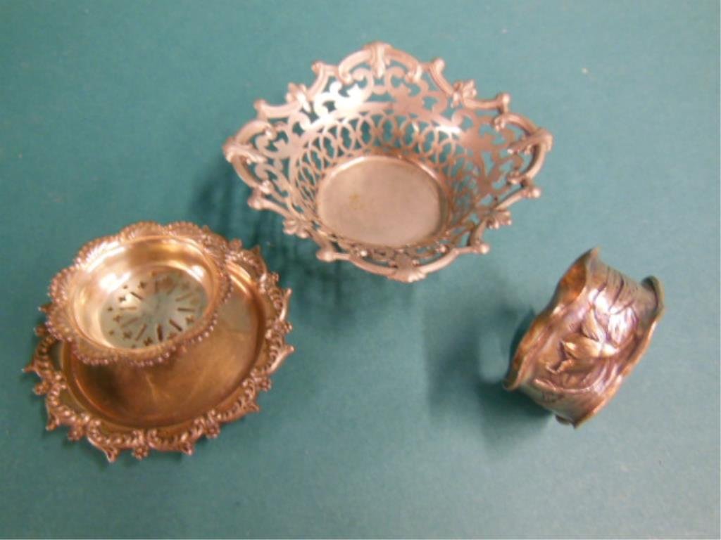Sterling Tableware Group: Sterling tableware group, includes: Art Nouveau floral embossed & monogramed napkin ring; Wallace reticulated scroll work nut dish (4 1/8D, 1 1/4"h), small 2 tier Whiting Co. compote? (3"d, 1 3/8"h) w