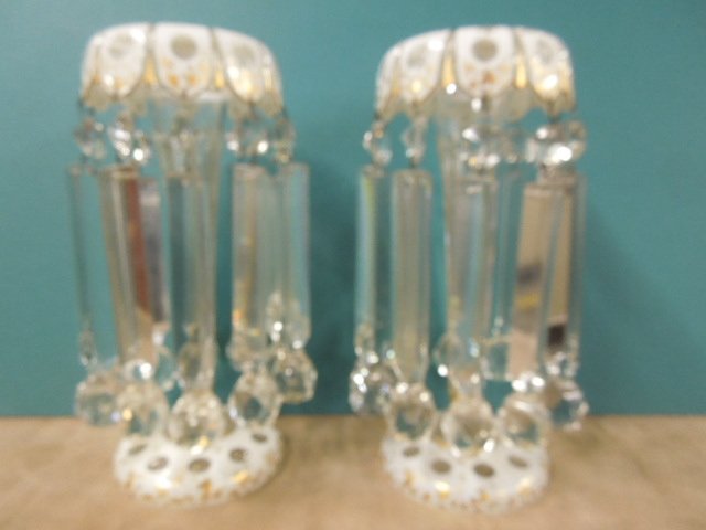Pr. Victorian Case Glass Lustres: Pair Victorian case glass Lustres, white cut to clear with gilt foliate designs, trumpet form; 8" cut spears with ball ends, late 19th c, hgt 12". CONDITION: Areas of gilt loss; minor chips on cut spe
