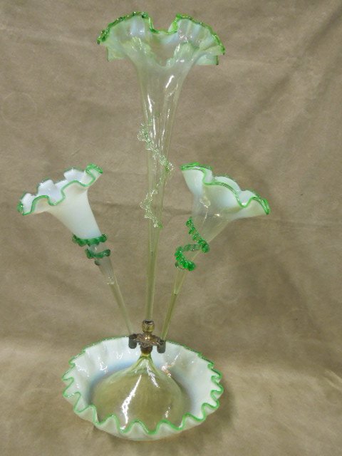 Victorian Triple Vase Epergne: Victorian triple vase Epergne, pale green to palescent glass with applied green glass borders and embellishments, brass fittings, c 1880, hgt 21 1/2", D 10". CONDITION: No issues noted.