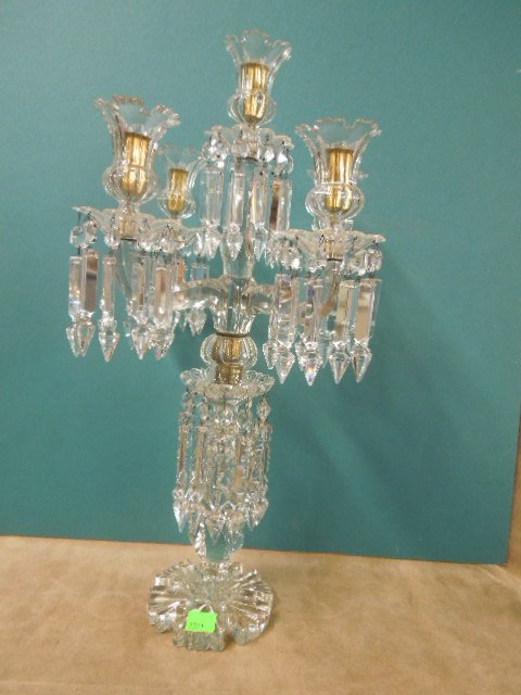 Baccarat (attributed) Crystal Candelabra: Baccarat (attributed) crystal candelabra, 5 light, cut spear prisms, floral form cut crystal base, early 20th c, hgt 25", diam approx. 14". CONDITION: Minor chips to some cut spears.