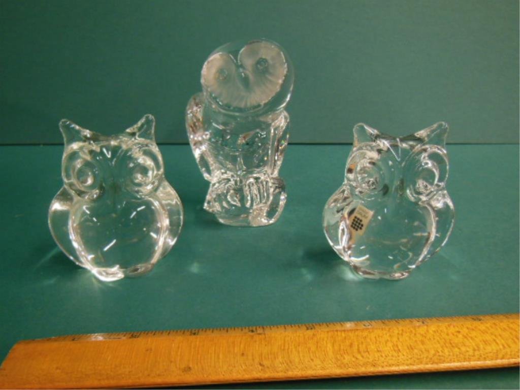 (3) Daum France Crystal Owl Figures: (3) Daum France Crystal Owl figures, includes: (2) 3 1/2"h owls, and (1) 5" h owl, all signed, one with paper label. CONDITION: No issues identified.