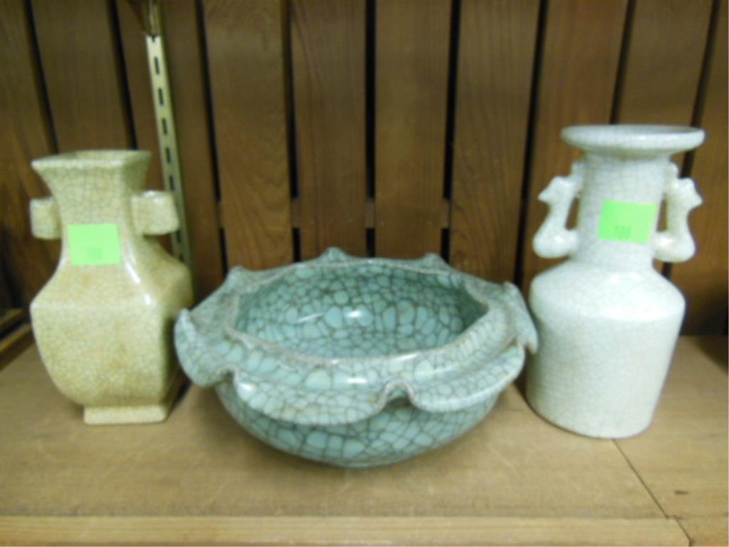 Chinese Crackle Glaze Porcelain Garniture-3PC: Chinese crackle glaze porcelain three piece garniture, two handled vases & one center bowl, in white aqua & beige glazes, vases 7 3/4" height & 8 1/4" height, bowl 9 1/2" diameter x 3 3/4" height. [22