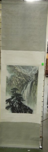 Chinese Gouache Waterfall Scroll: Chinese Gouache waterfall silk paper scroll, late 20th C. signed with two holograms. [With original box] 79 1/4" = length (scroll) CONDITION: Sporadic light wrinkles & miner foxing in scroll.