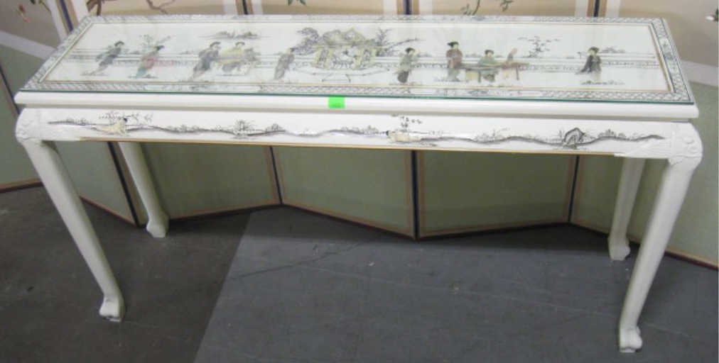 Chinese Console Table: Chinese console table, white lacquered with painted landscapes & soapstone & ivorine applied figures & buildings, late 20th C. 55 1/2" x 16" x 29". CONDITION: No issued identified.