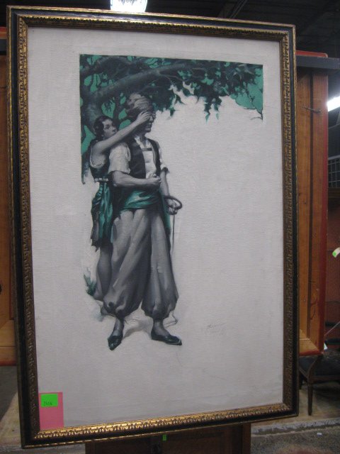 R. Susann o/c, Leading The Way: [Illustration art] Robert Susann, signed & dated 1954, oil on canvas, Leading the Way. [graphite inscription below image: "To Miriam [Elmaleh] from Robert Susann 1954"] 30 h x 19 1/2 w = image 32 3/4 