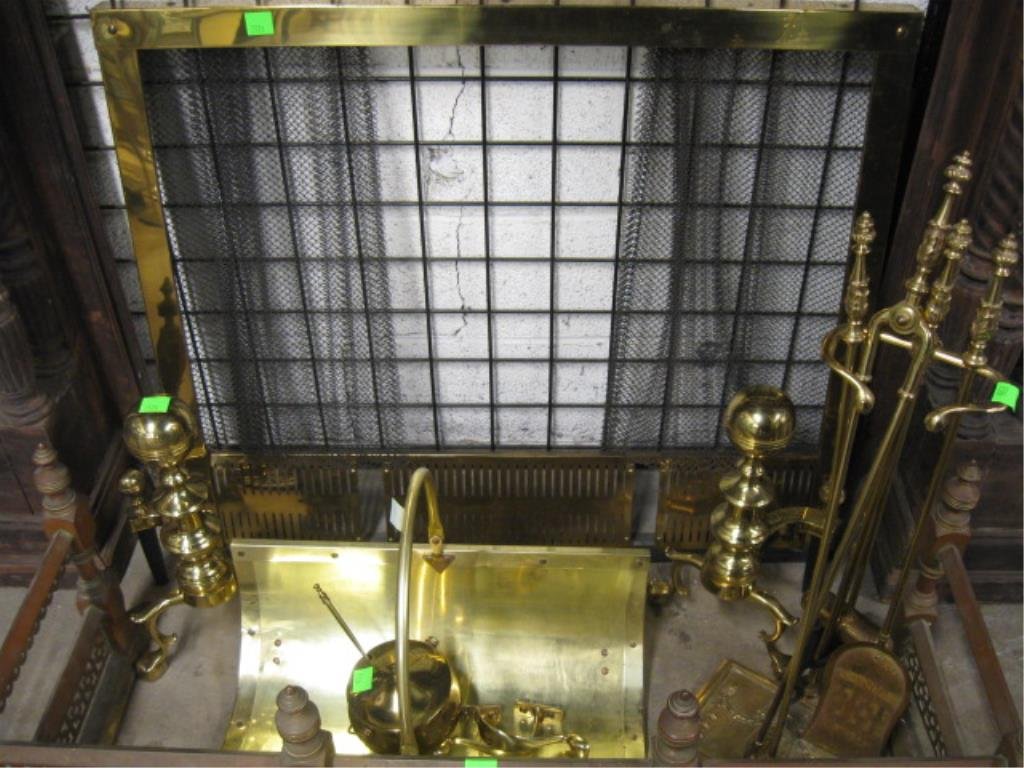 Fireplace Andirons & Accessories: Fireplace Andirons & Accessories, brass, Harvin Co. ring & ball turned 18" h andirons on ball & claw feet, along with 38" x 31" fit in screen, 4 piece tool set on stand, claw foot log basket & brass f