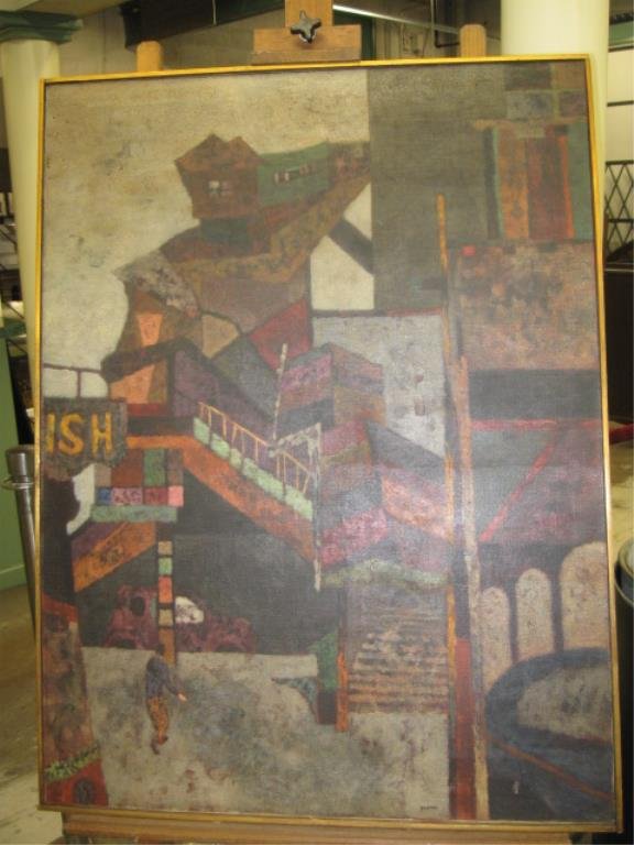 Sidney Gross, o/c "El": [Sidney] Gross, signed & dated (verso), 1948, oil on canvas, "El". [ painted signature, title & date verso]. 40 h x 30 1/4 w = image 40 1/2 h x 30 3/4 w = frame CONDITION: No issues identified.