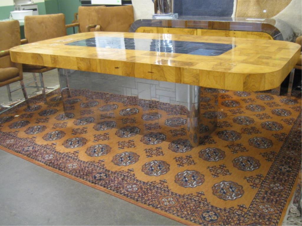 Paul Evans City Scape Extension Table: Paul Evans, City Scape, Extension table with two leaves; for directional, burl walnut parquet veneer with polished chrome veneer, signed on side panel of base, [8] 48" x 96' 18" x 29 1/2" CONDITION: T