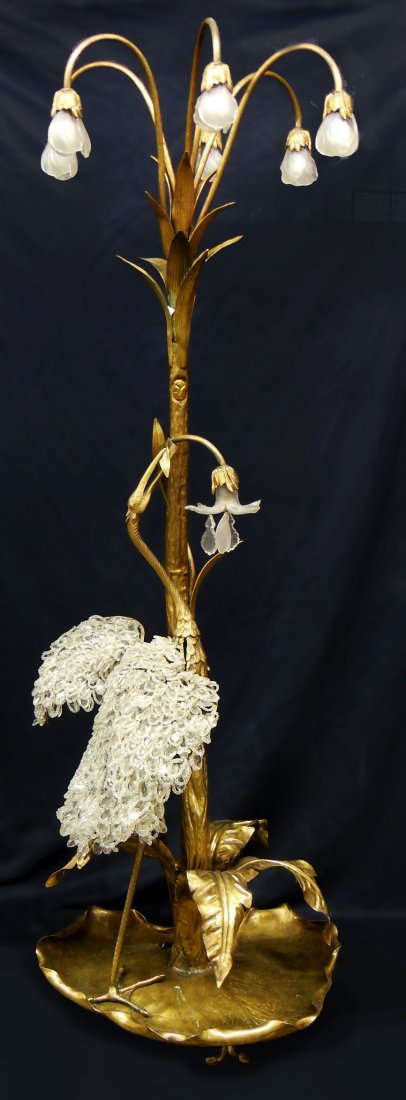 Art Nouveau Japonism Floor Lamp: Art Nouveau Japonism floor lamp, bronze & crystal depicts a sculptured crane with beaded crystal wings eating leaves off a tree, with seven molded glass pendant petals; the lily pad-form base upon thr