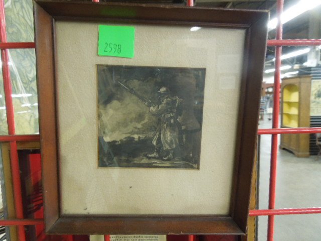 w/c Study of a Soldier: Unsigned, monochromatic wash, study of a World War I soldier in a battle landscape. 3 3/4 h x 3 3/4 w = image (sight) 8 1/8 h x 7 5/8 w = frame CONDITION: Not examined out of frame; no evident issues.