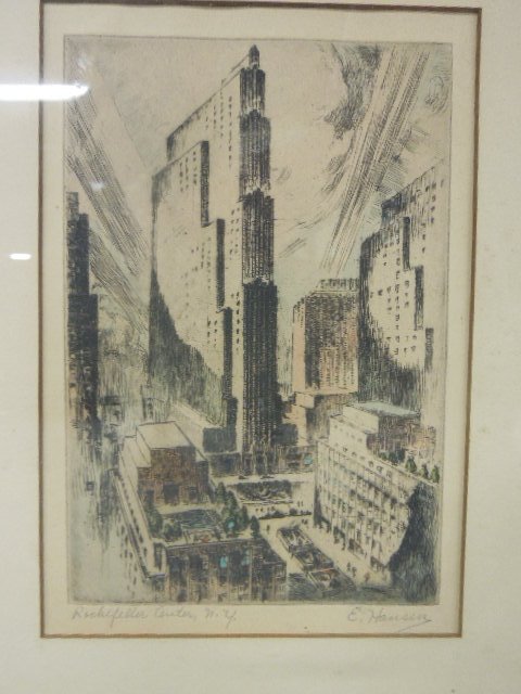 E. Hansen, Etching, Rockefeller Center, NY: E. Hansen colored etching, "Rockefeller Center, N.Y." 7 3/4 h x 5 1/4 w= sheet (sight) 14 5/8 h x 10 1/2 w = frame CONDITION: Not examined out of frame; moderate toning throughout.