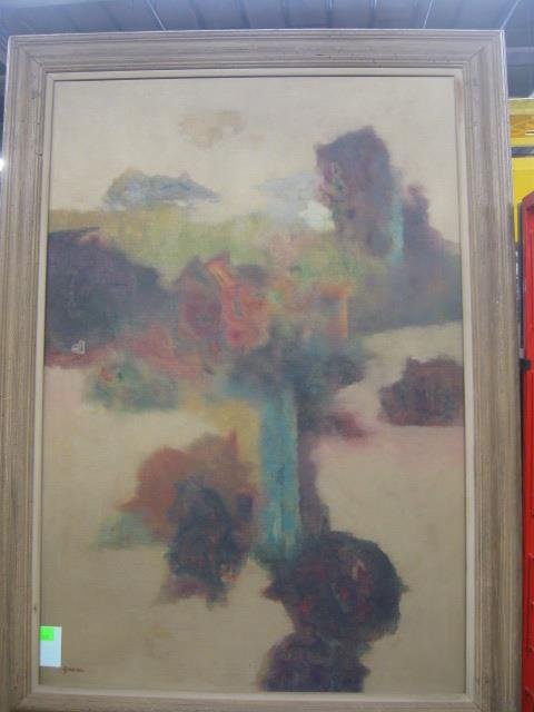 Sidney Gross, o/c Landscape Abstract: [Sidney] Gross, signed, oil on canvas, landscape abstract. 48 h x 31 1/4 w = image 55 1/2 h x 39 3/4 w = frame CONDITION: Single approximately 1" square canvas puncture toward center left edge.